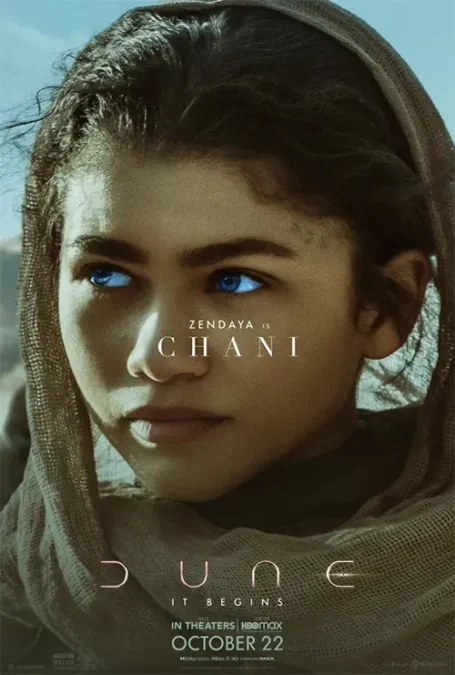 character poster featuring Zendaya staring at something in the distance