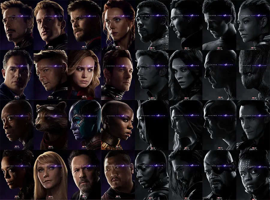 a collage of the character posters for Endgame