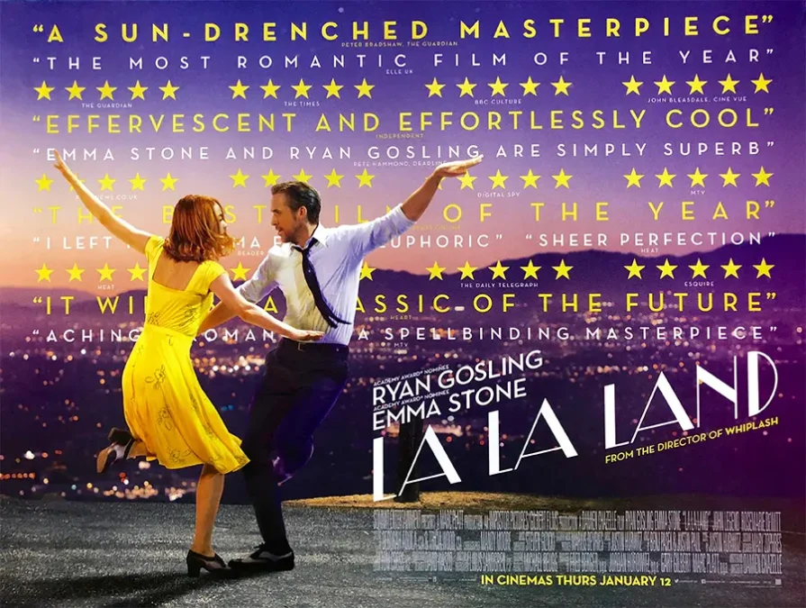 review poster for La La Land featuring the two actors dancing around reviews