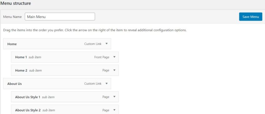 screenshot of WordPress Menu Interface