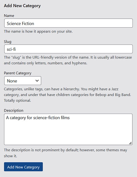 screenshot of add new category options in wordpress