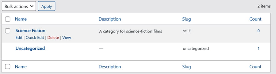 screenshot of a new category added in WordPress