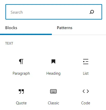 Gutenberg block inserter panel
