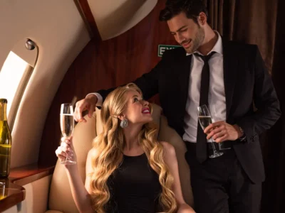 glamorous couple on a plane to appeal to consumers