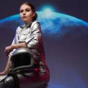 woman in a spacesuit with a planet behind her