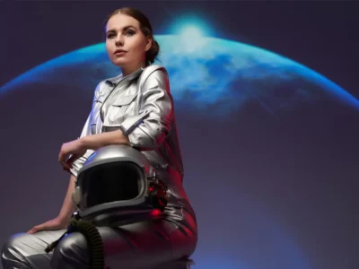 woman in a spacesuit with a planet behind her