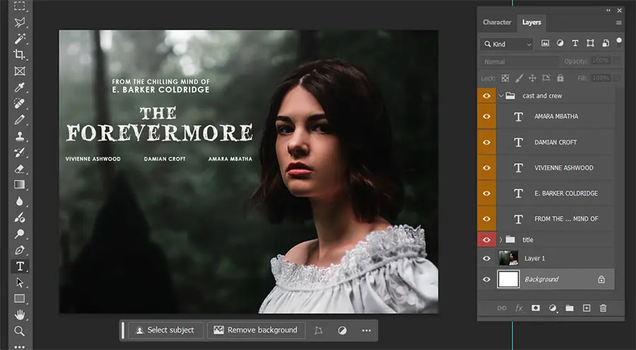 screenshot of text layers with cast and crew added to the poster
