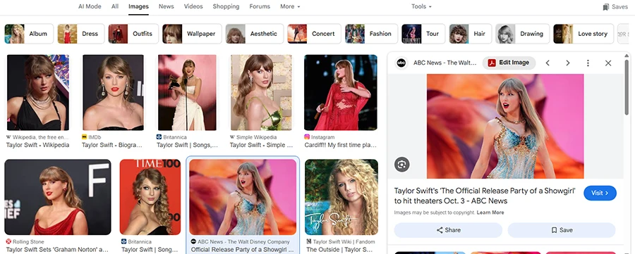 screenshot from Google search results if Taylor Swift