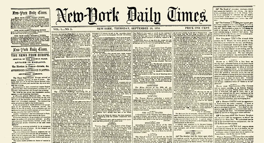 front page of the New York Times published in 1851